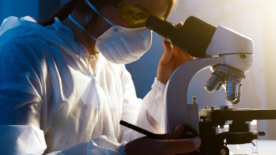 Mujer farmacéutica investigando.