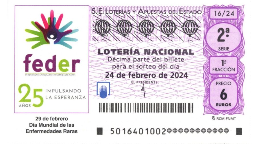 Décimo de la Sociedad Estatal Loterías y Apuestas del Estado para dar visibilidad al colectivo de personas con enfermedades minoritarias.