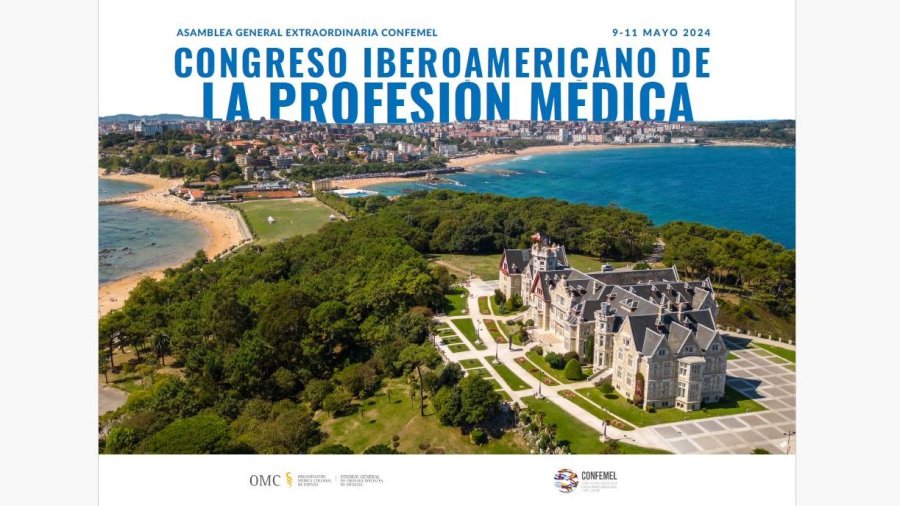 Cartel de la asamblea general que la Confederación Médica Latinoiberoamericana y del Caribe (Confemel) celebrará en el Palacio de la Magdalena de Santander el 10 y el 11 de mayo de 2024.